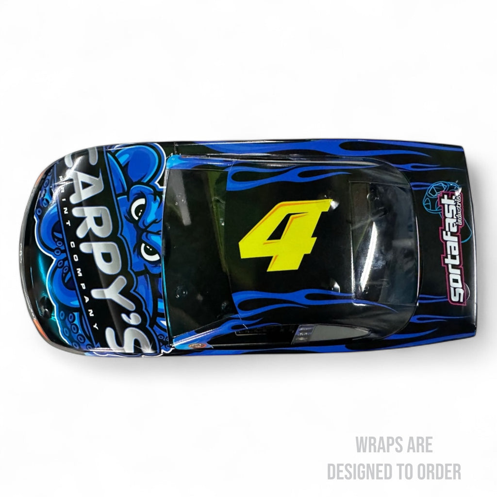 Top view of a colorful RC car with number 4 on a white background
