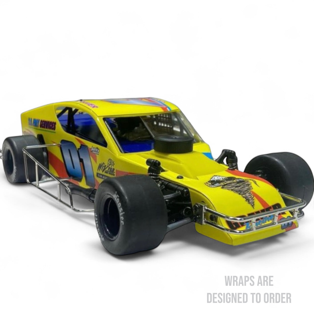 Yellow race car wrap with colorful design on a white background