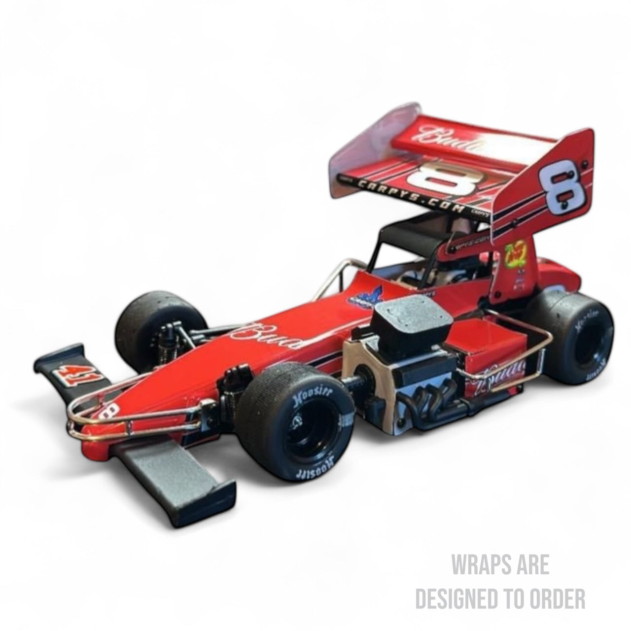 Red Super Modified car  with visible branding on a white background