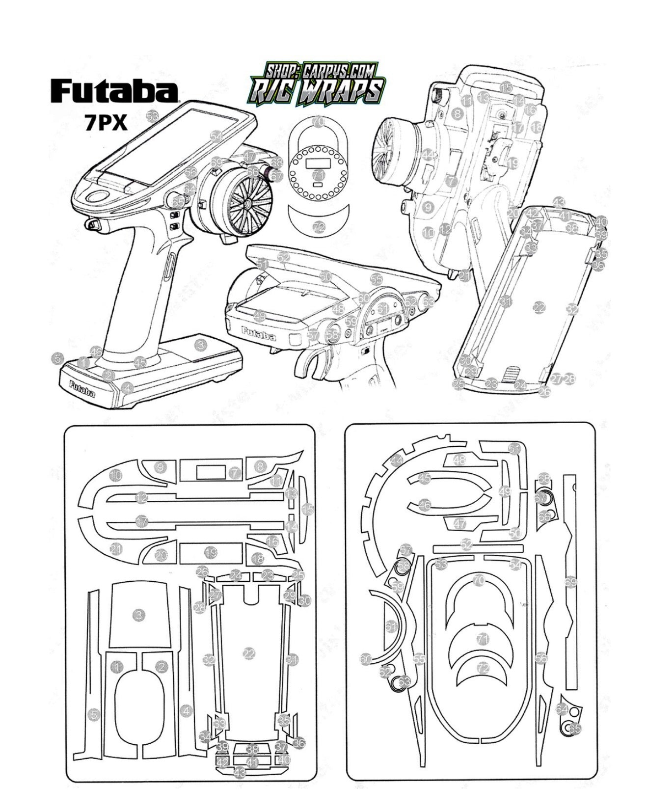 Black and white diagram of Futaba 7PX remote control parts on a white background