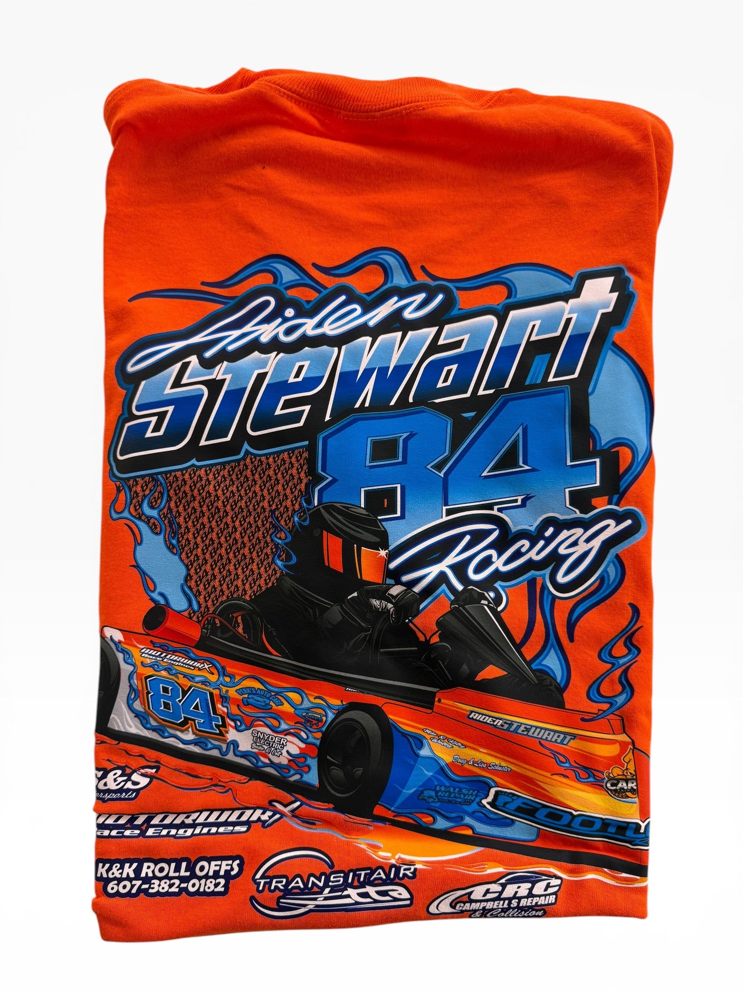 Orange sweatshirt with 'Stewart 84 Racing' design on a white background