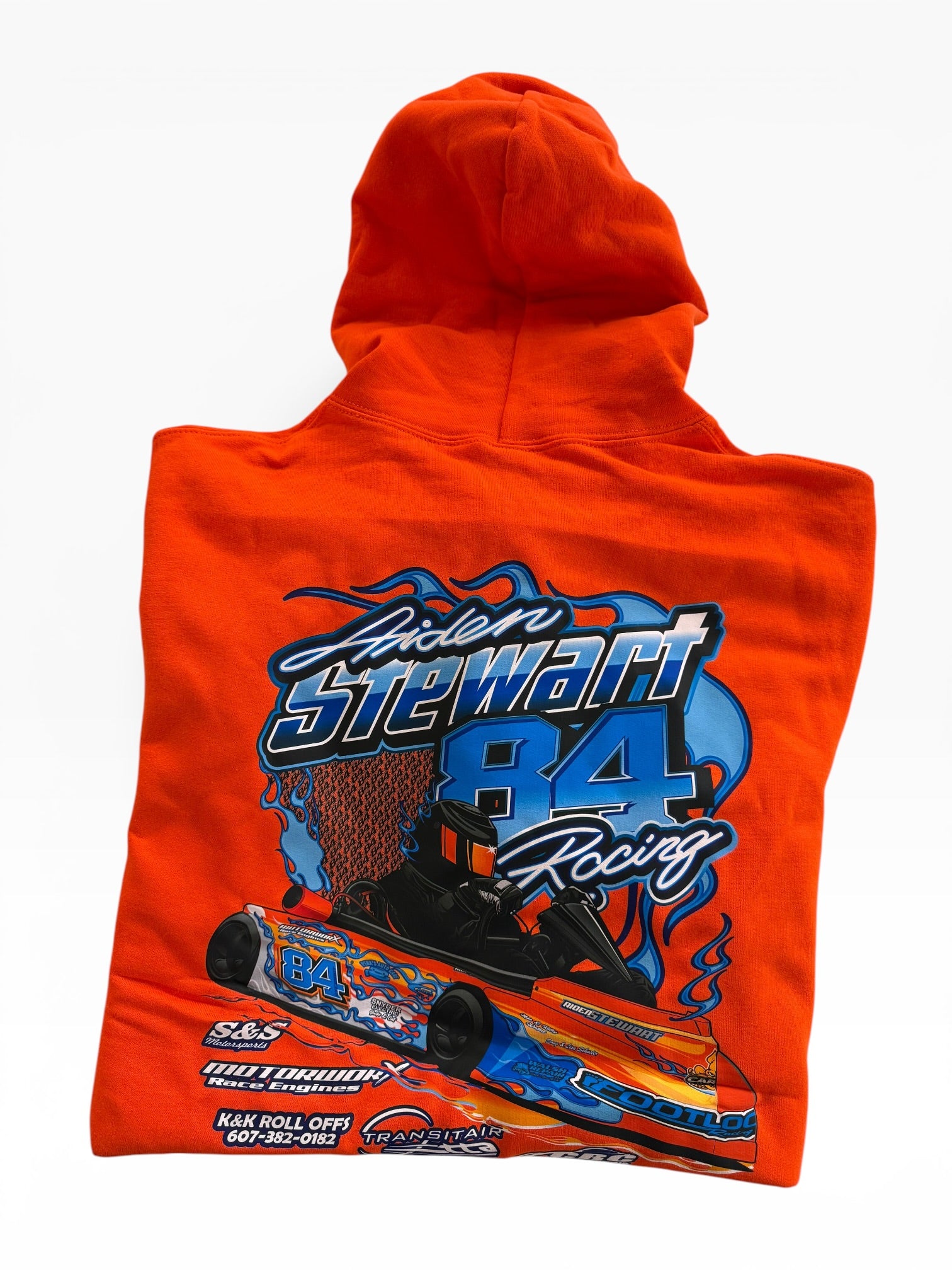 Orange hoodie with a race car design and text on a white background