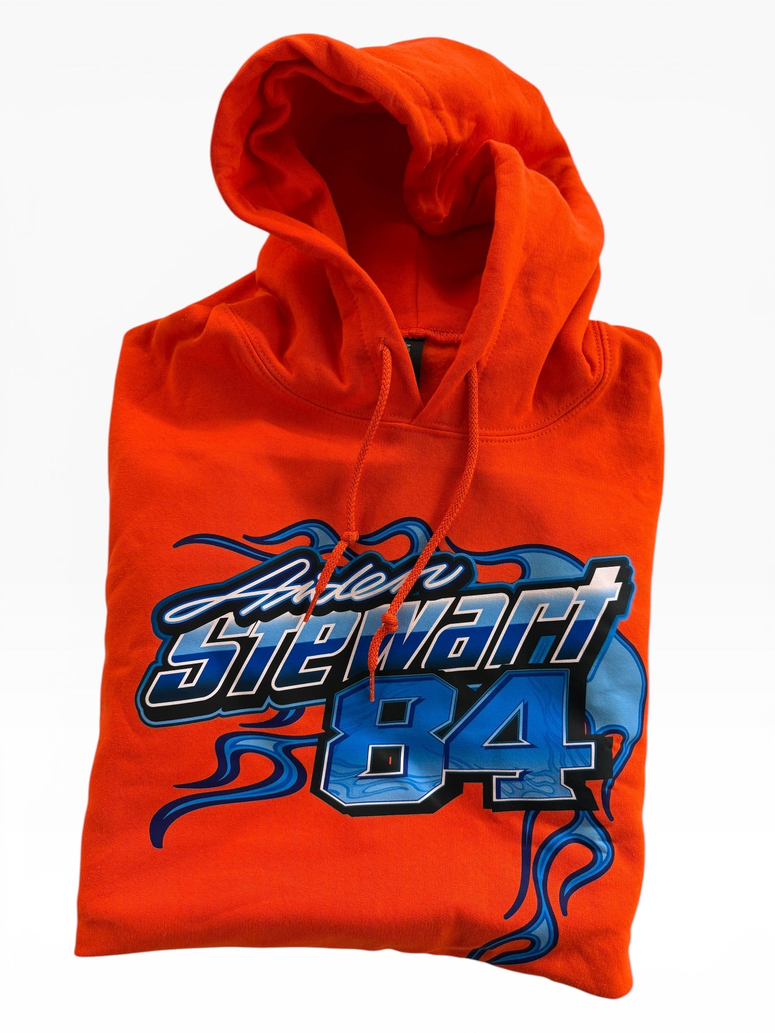 Orange hoodie with 'Stewart 84' graphic on a white background