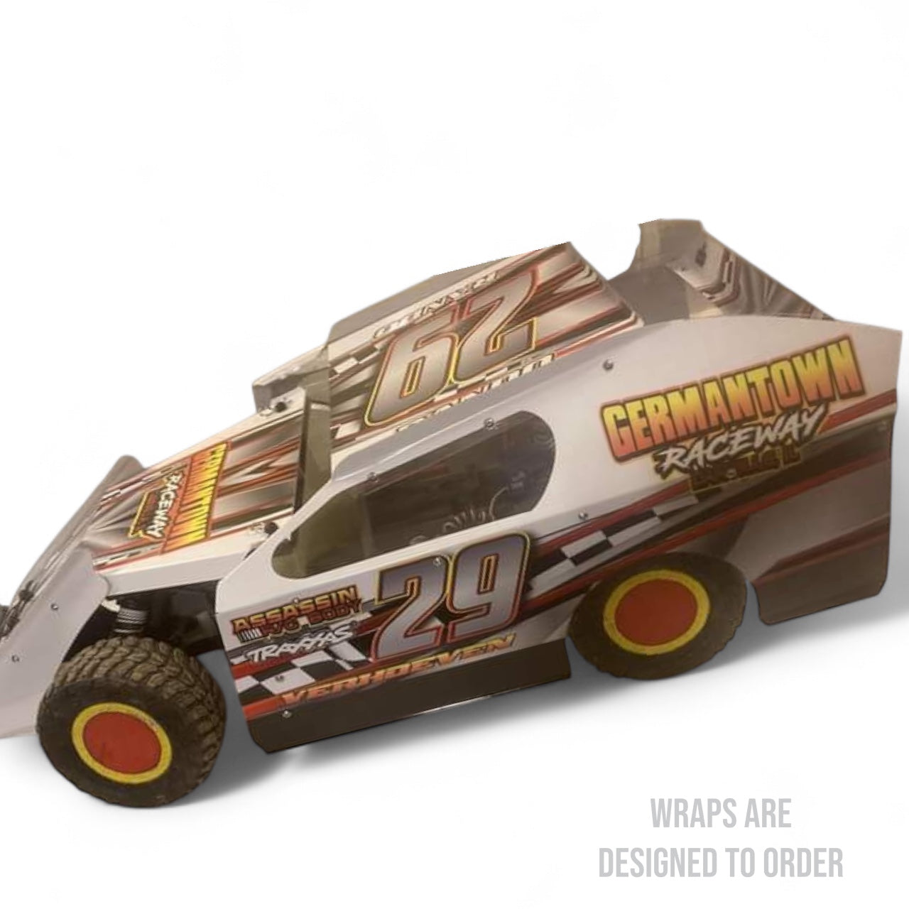 black white red race car wrap