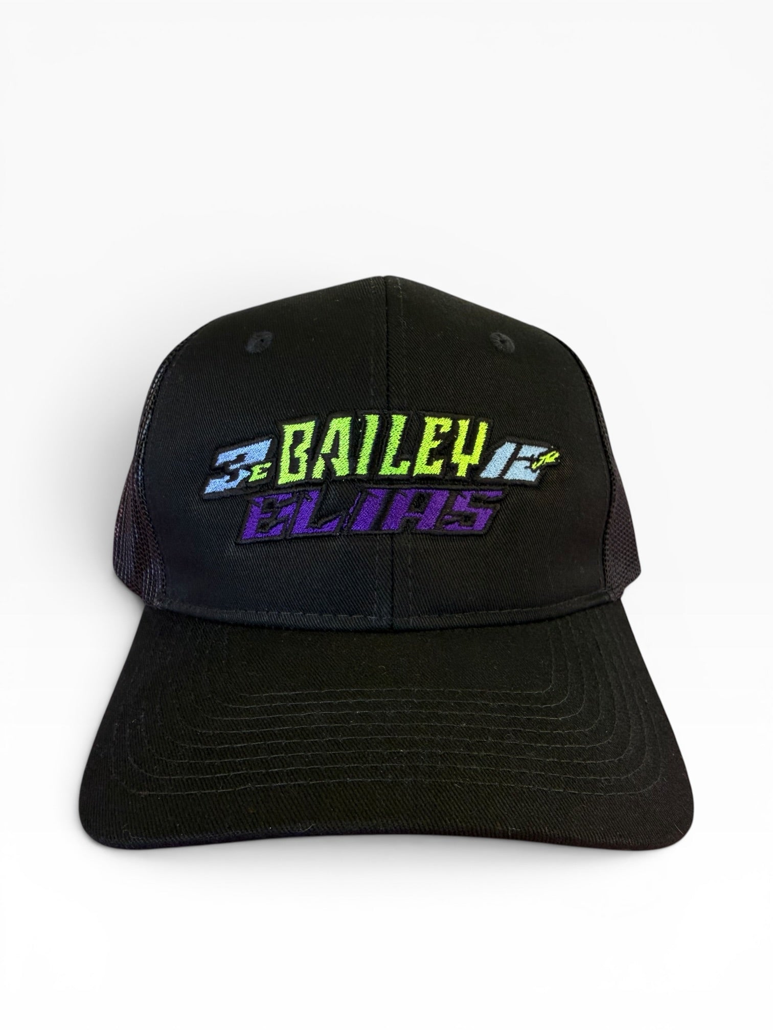 Black cap with colorful text on a white background