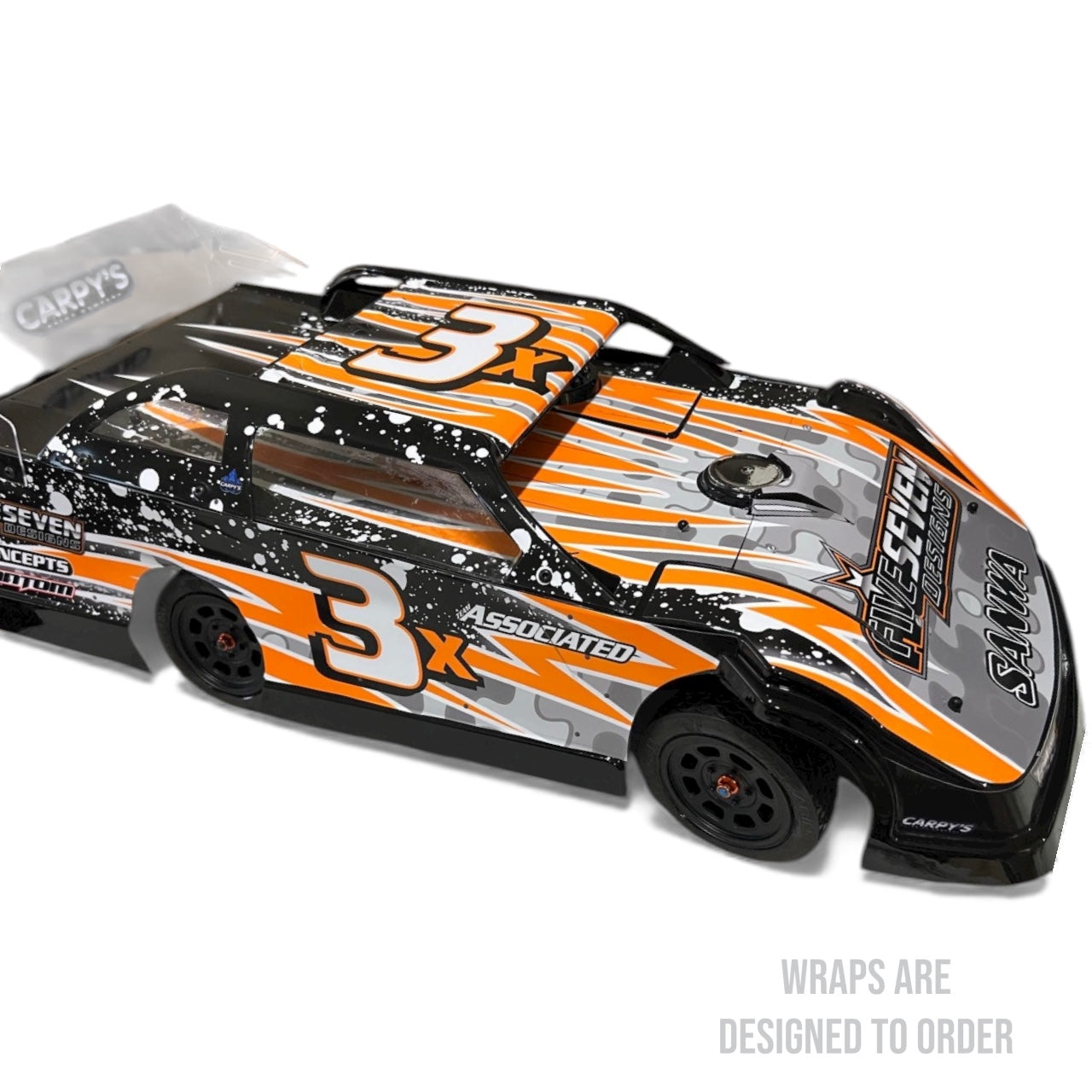 RC race car with number 3 and various sponsor logos on a white background