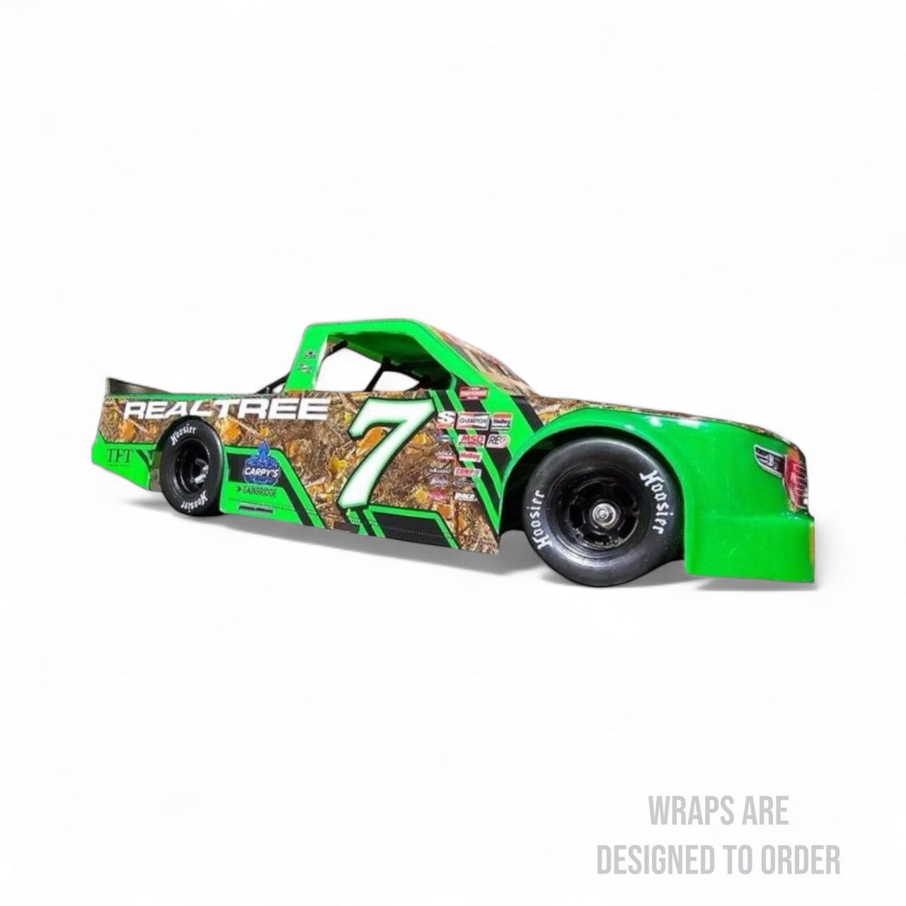 Green and camouflage-patterned race car wrap design