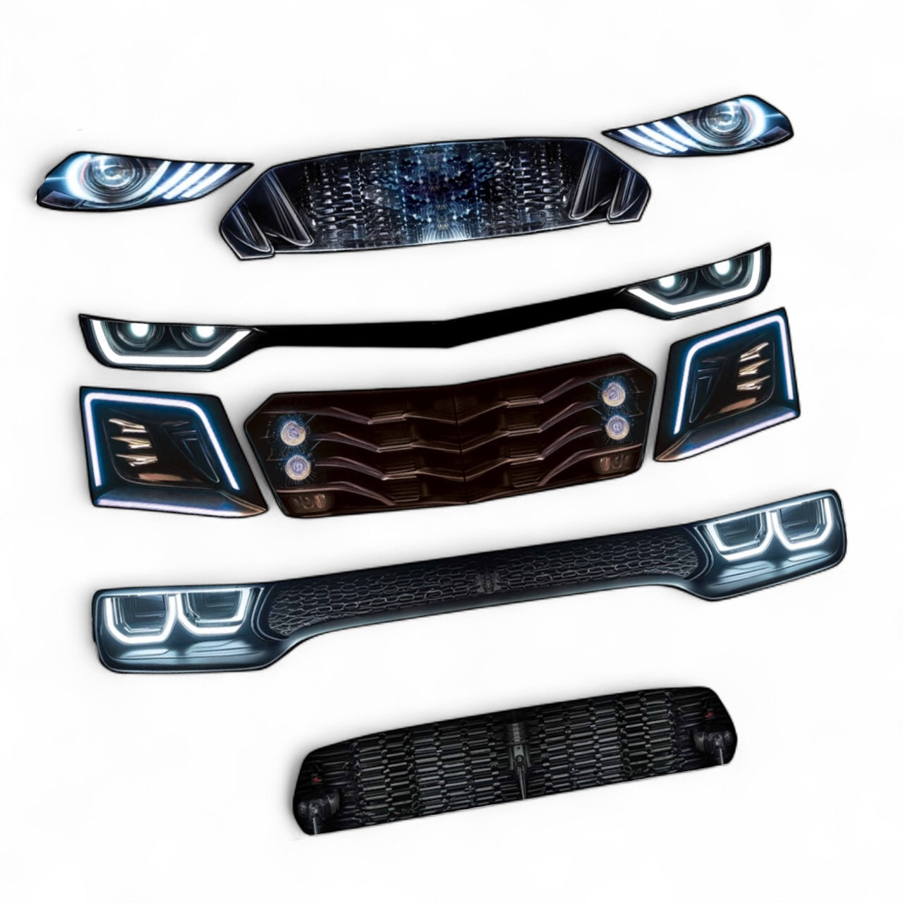 Set of car headlights and grills on a white background