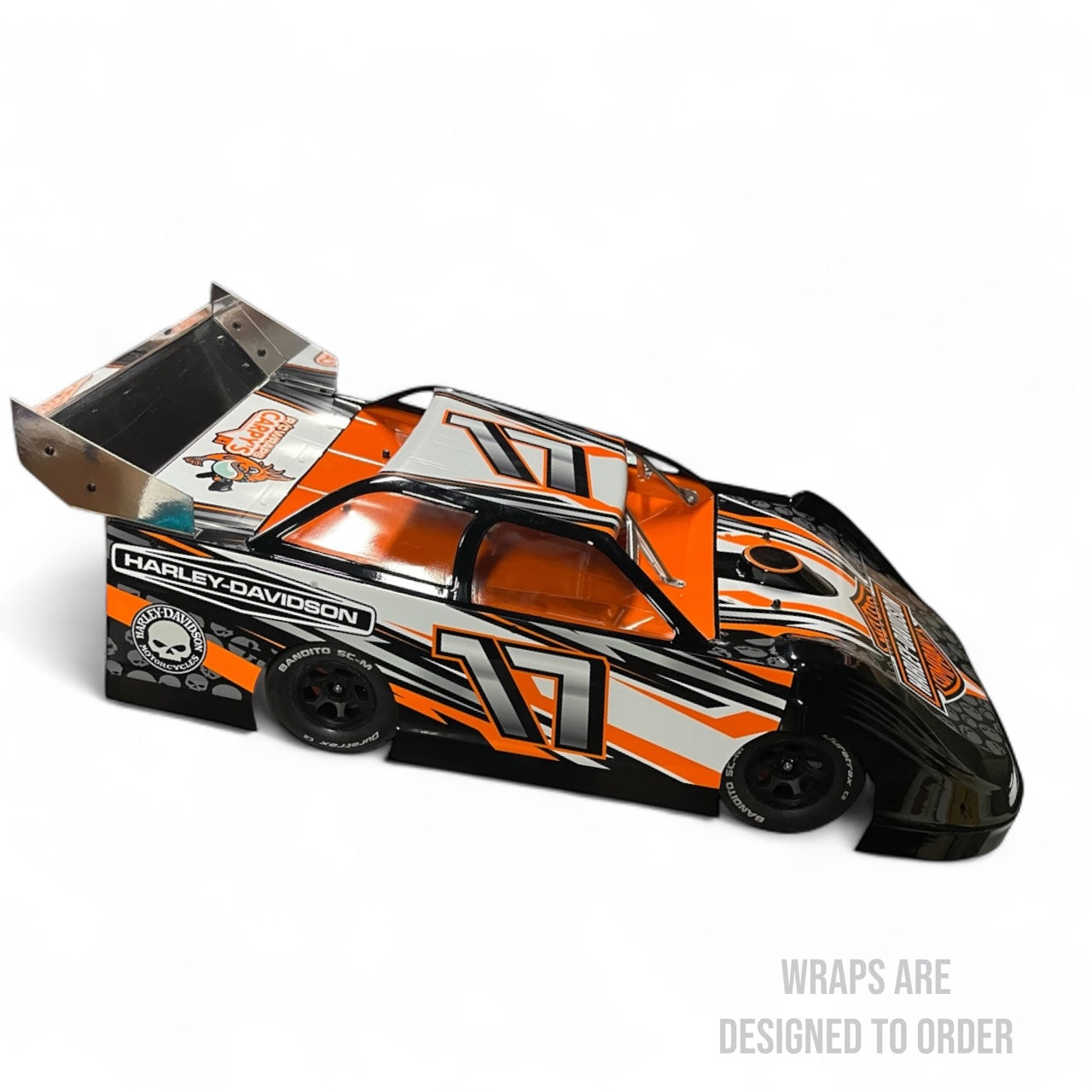 Davidson-themed RC car with orange and black design on a white background