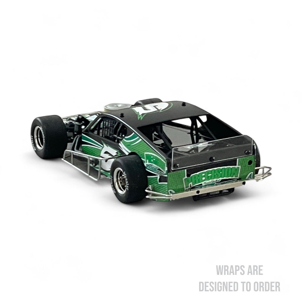  race car with green and black wrap design on a white background