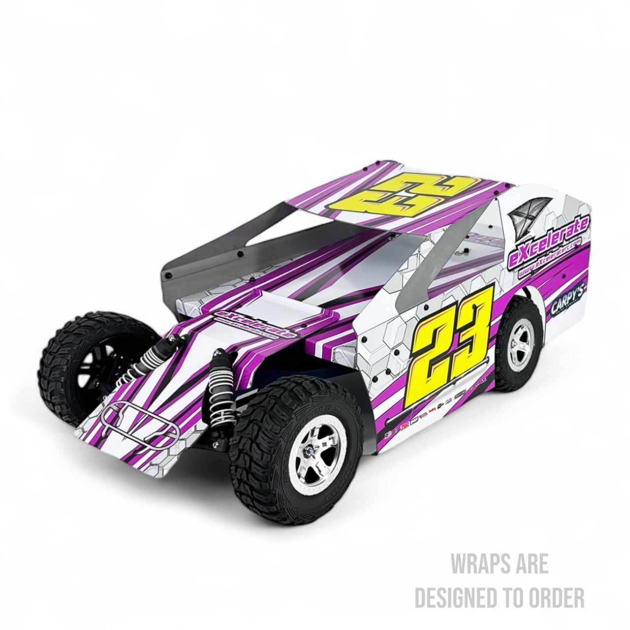 RC car with purple and yellow design on a white background
