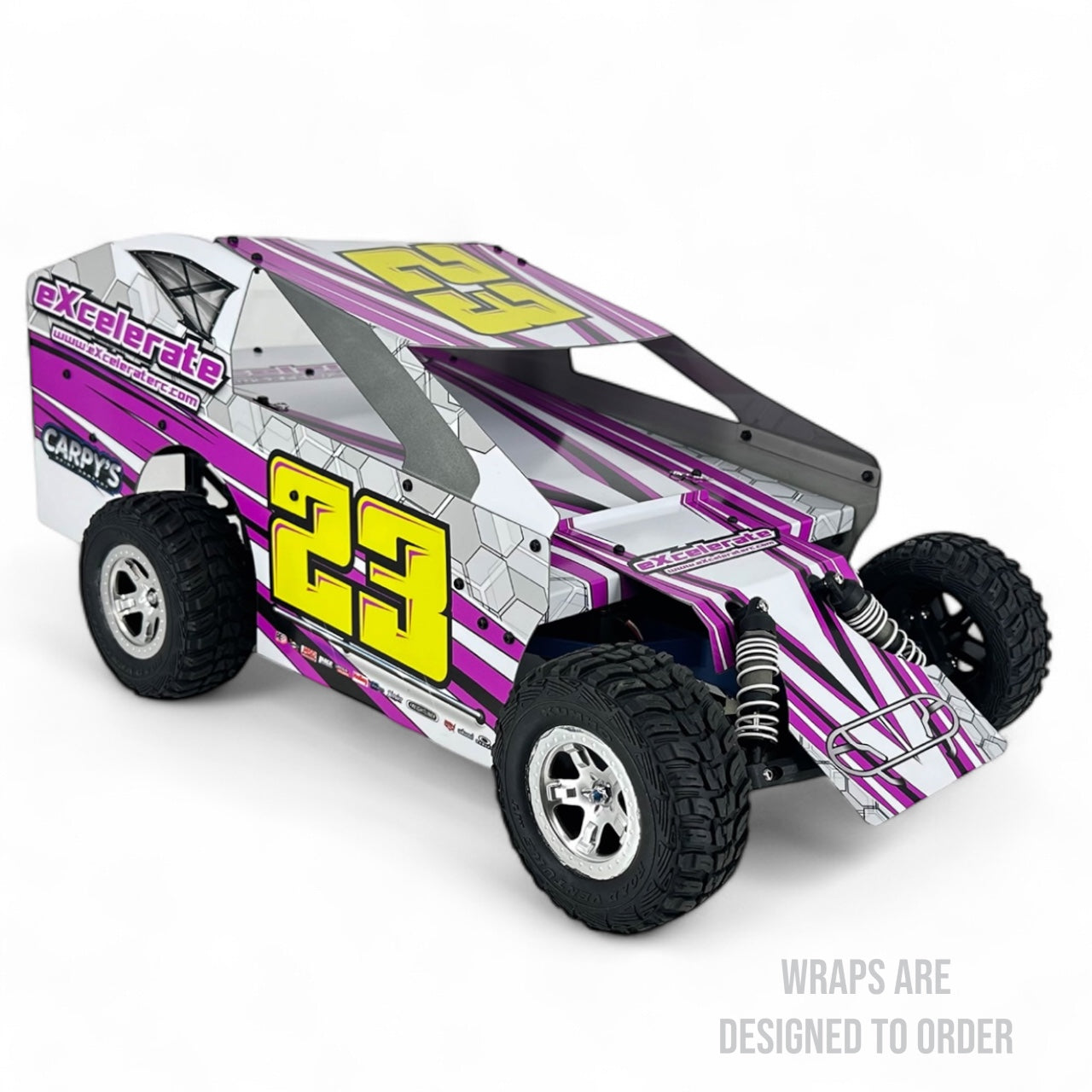 R/c vehicle with purple and white design and yellow number 23 on a white background