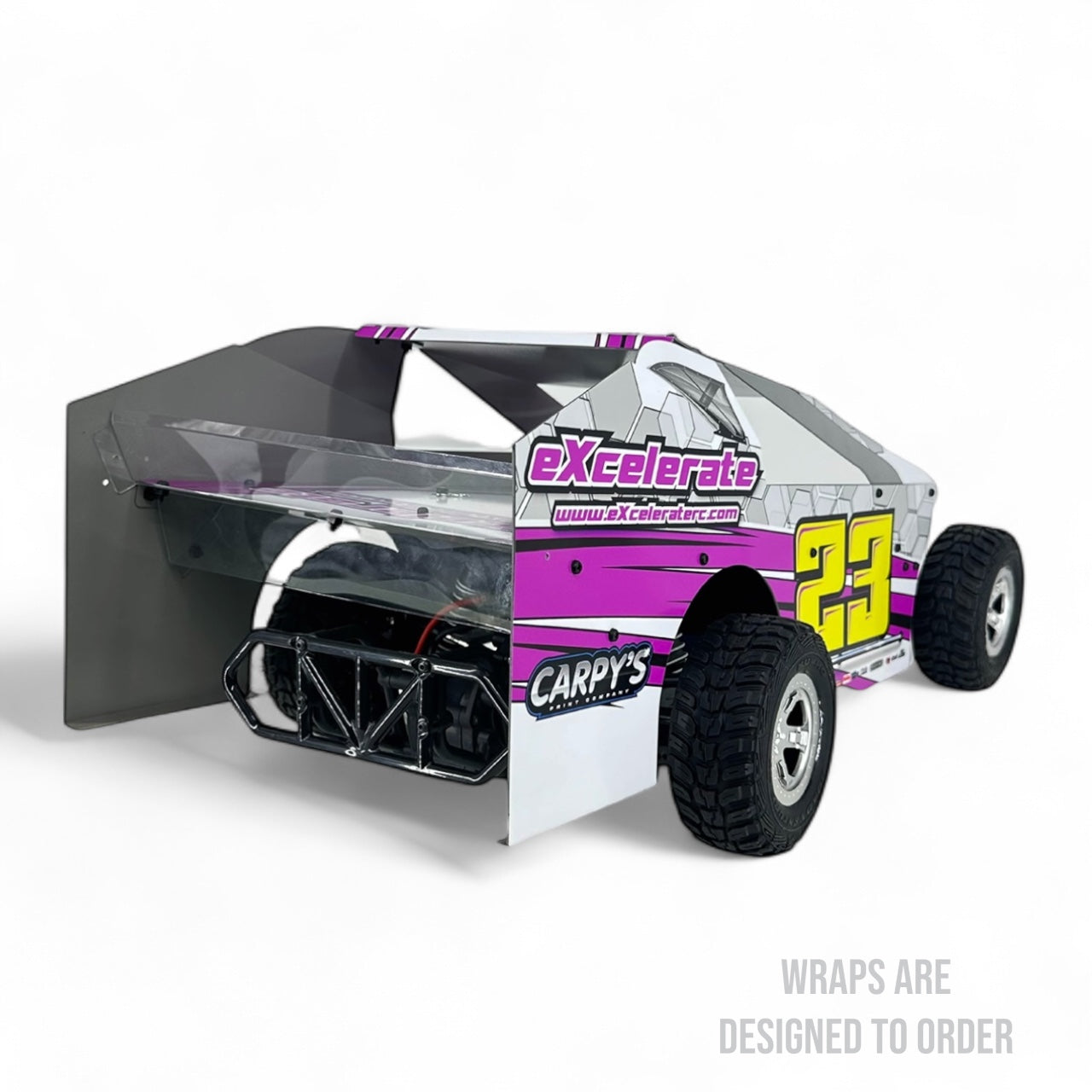 RC car with 'excelebrate' and 'Carpy's' branding on a white background
