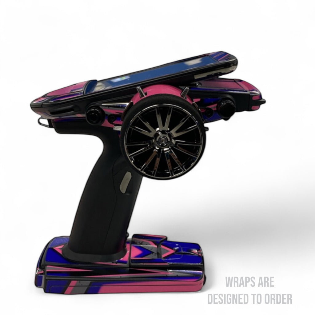 Gaming controller with colorful wrap design on a white background
