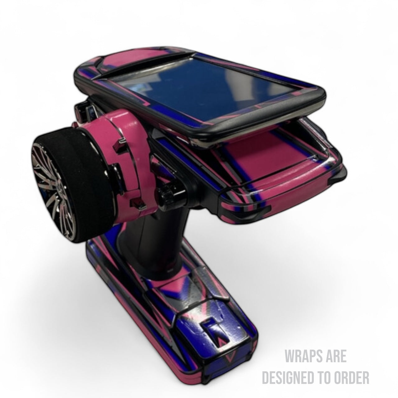 Colorful radio with wheel design on a white background