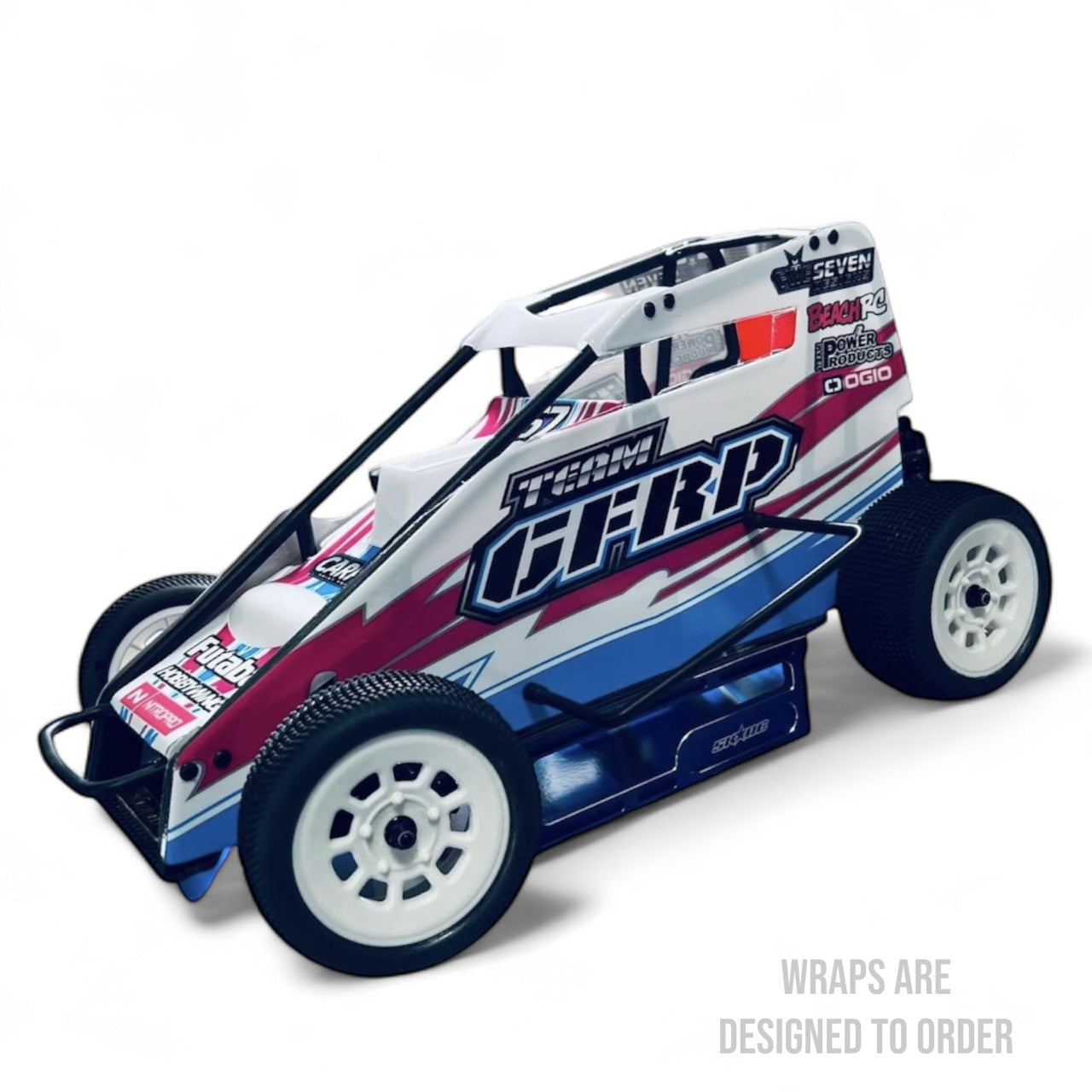 RC race car with colorful design on a white background