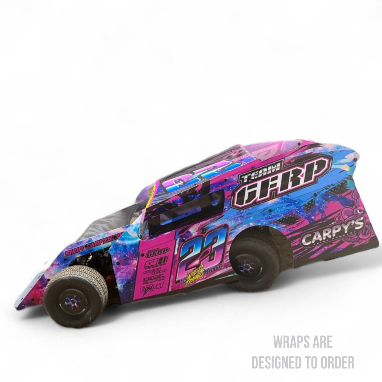 Colorful race car with various sponsor logos on a white background