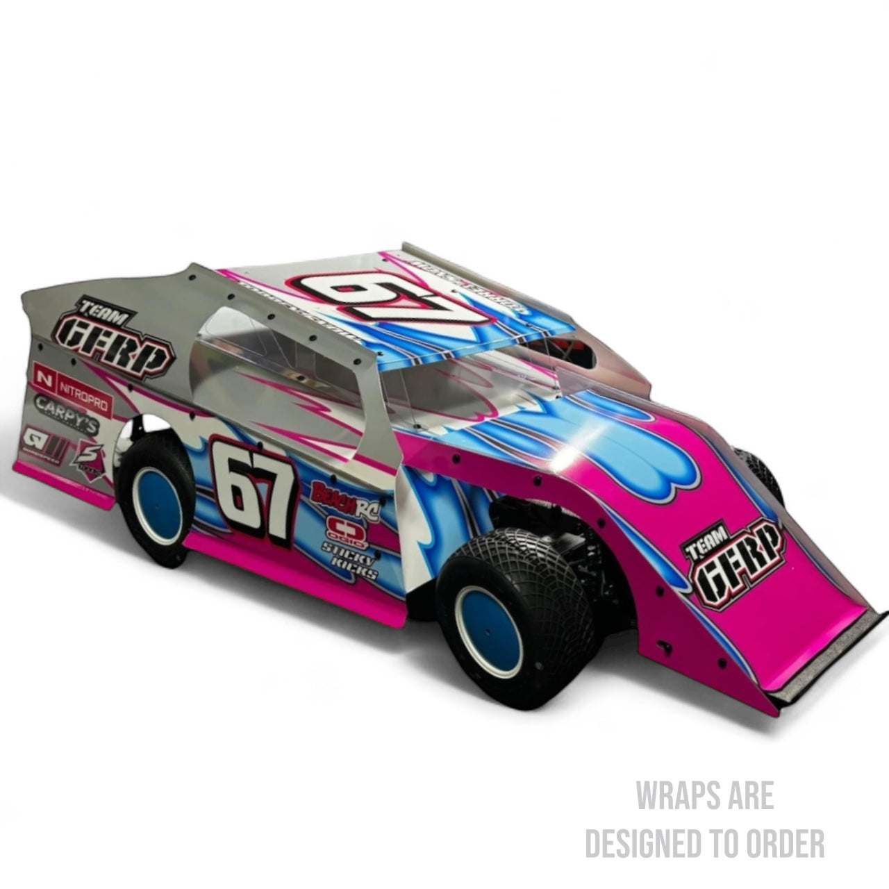 RC race car with colorful design on a white background