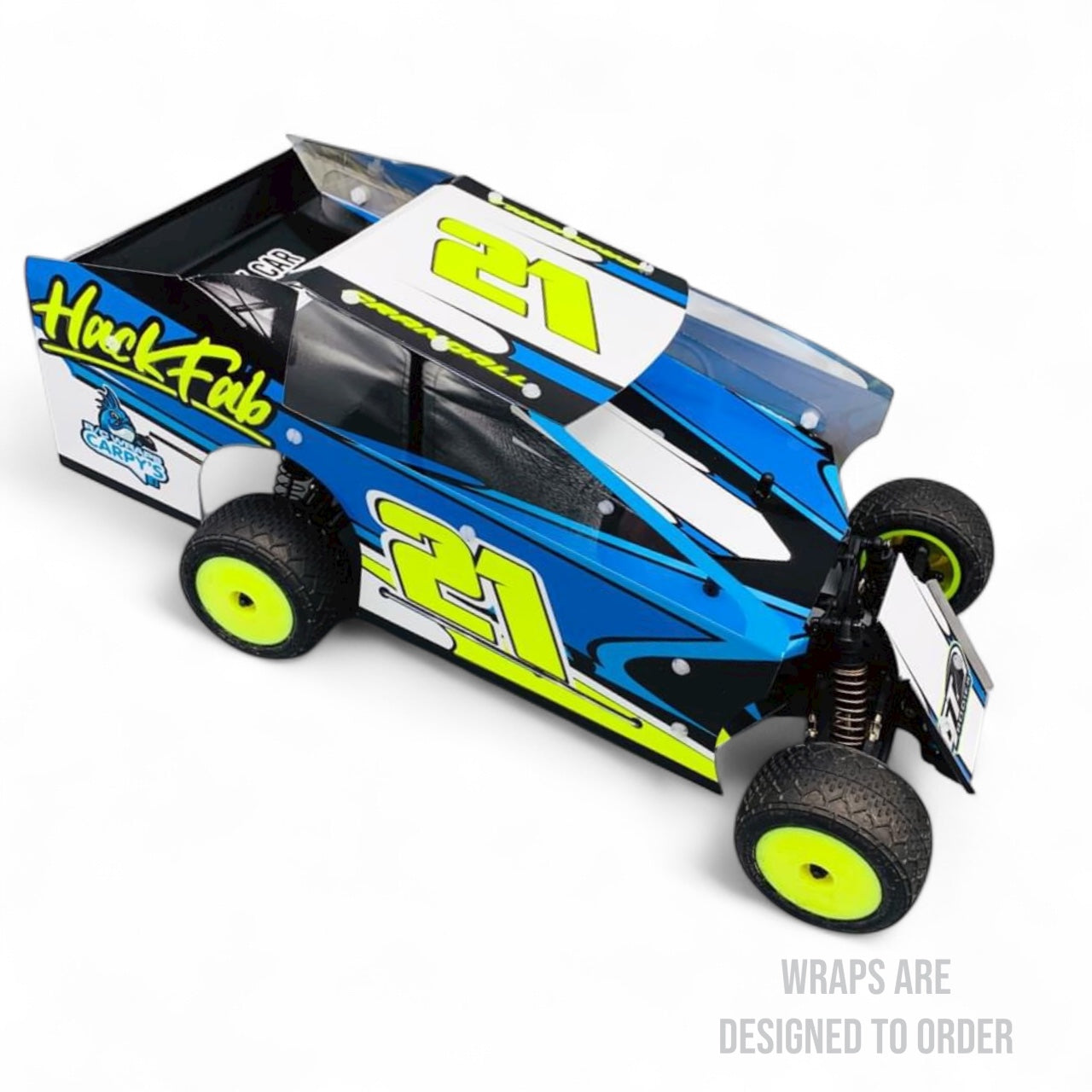 RC race car with blue, black, and yellow design on a white background