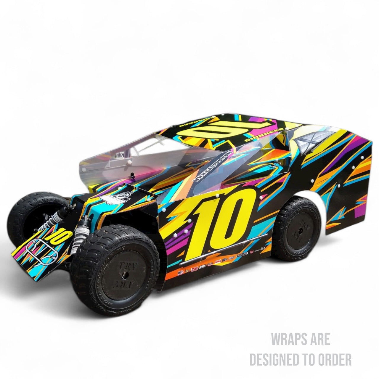 Colorful mmudboss car with number 10 on a white background