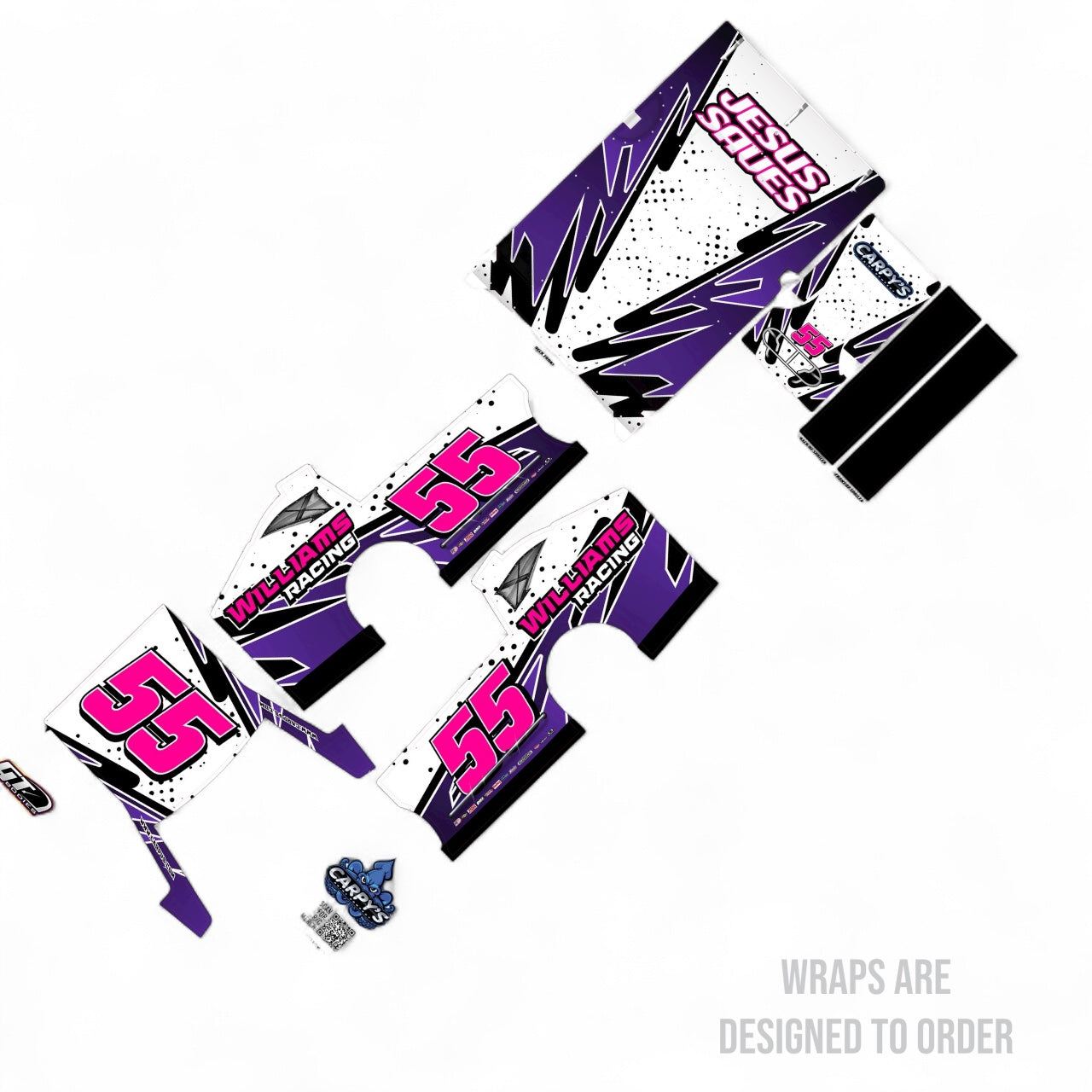 RC wrap design with pink and purple graphics on a white background