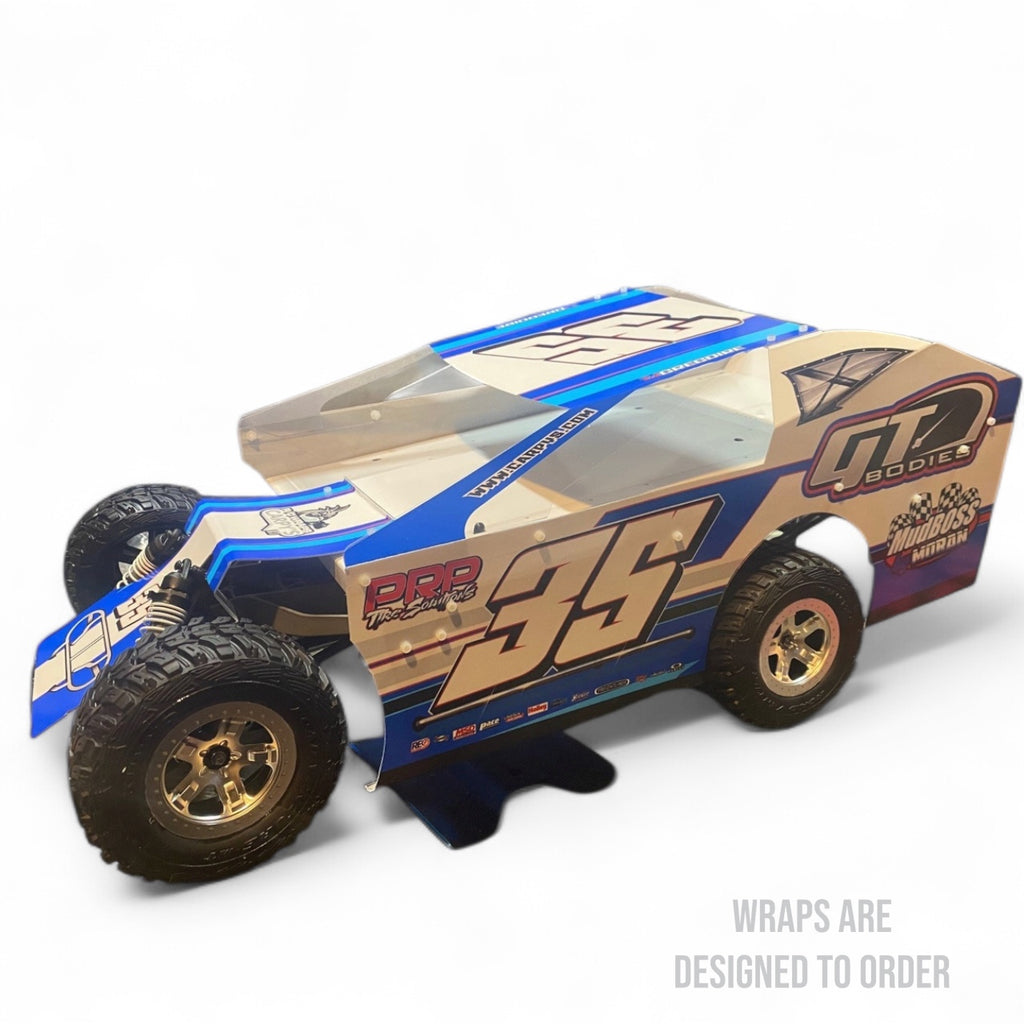 RC racing car with blue and gold design on a white background