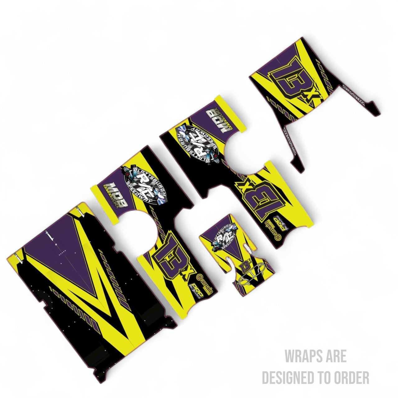 Set of vinyl car wraps with purple and yellow design on a white background