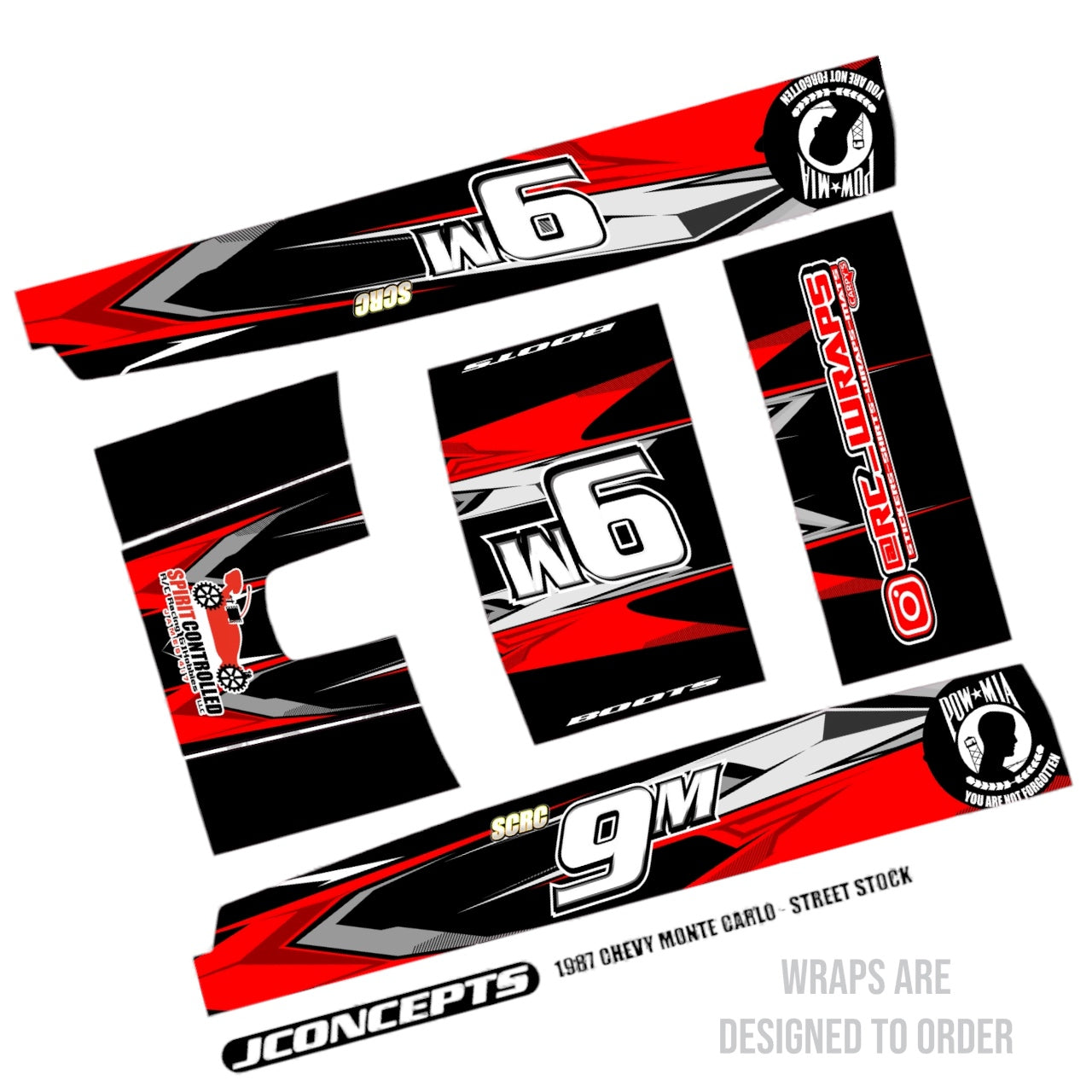 JConcepts car wrap design with red, black, and white colors on a white background