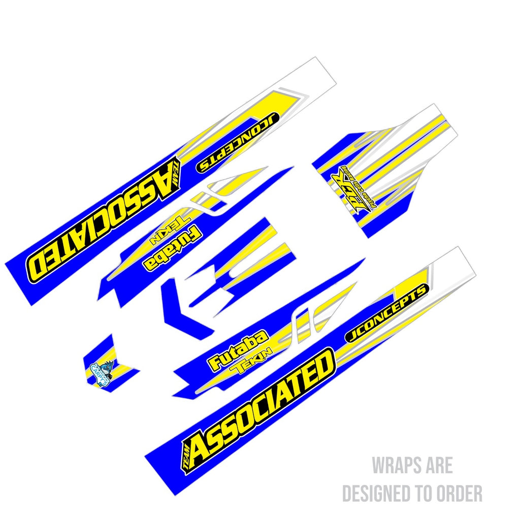 Set of blue and yellow decals with 'Associated' and 'Pitcairn' branding on a white background.