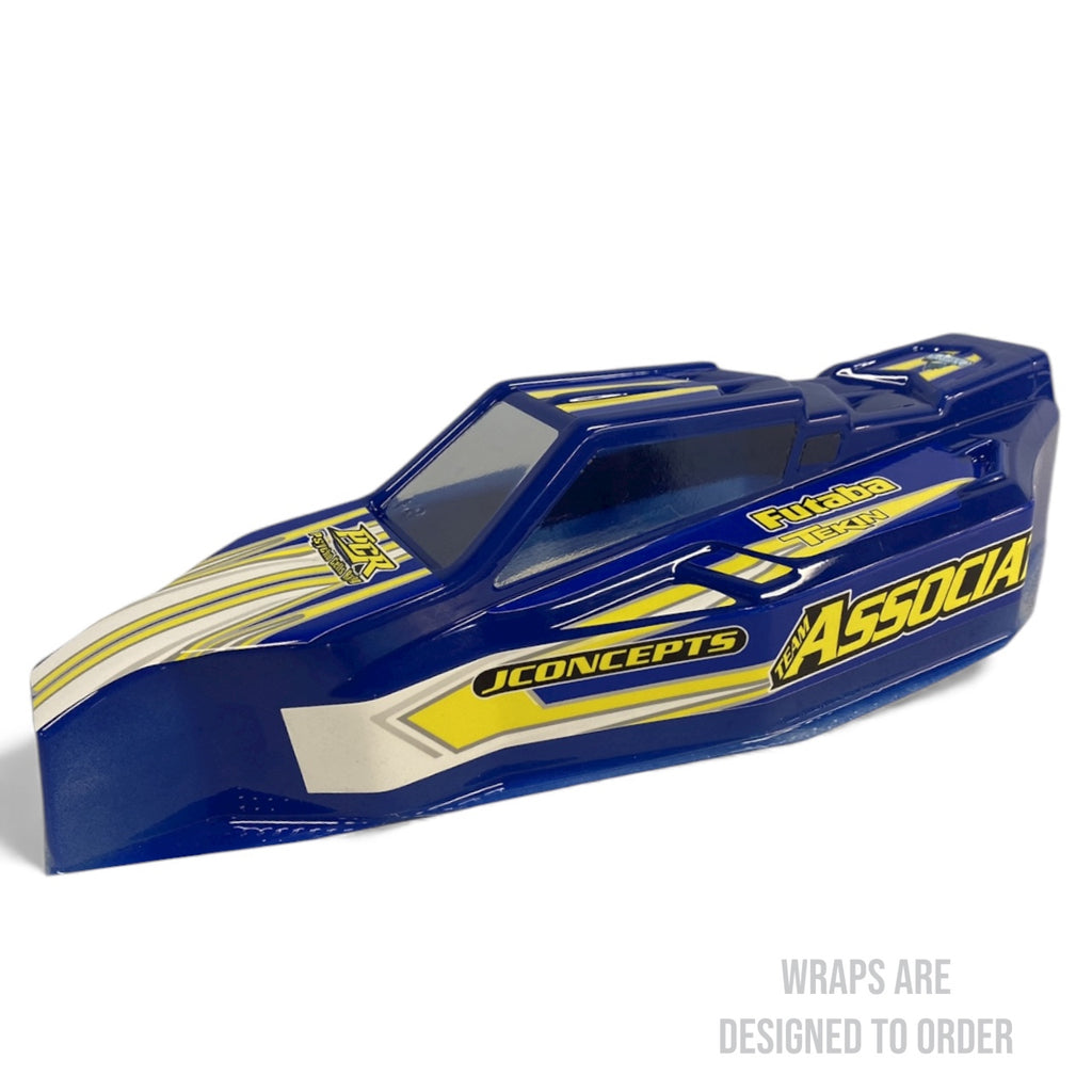 Blue and yellow RC car body with 'JConcepts' and 'Associa' branding on a white background.