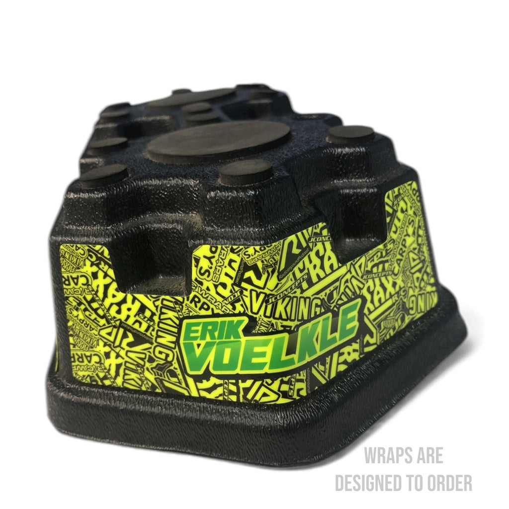 Black and yellow branded product on a white background