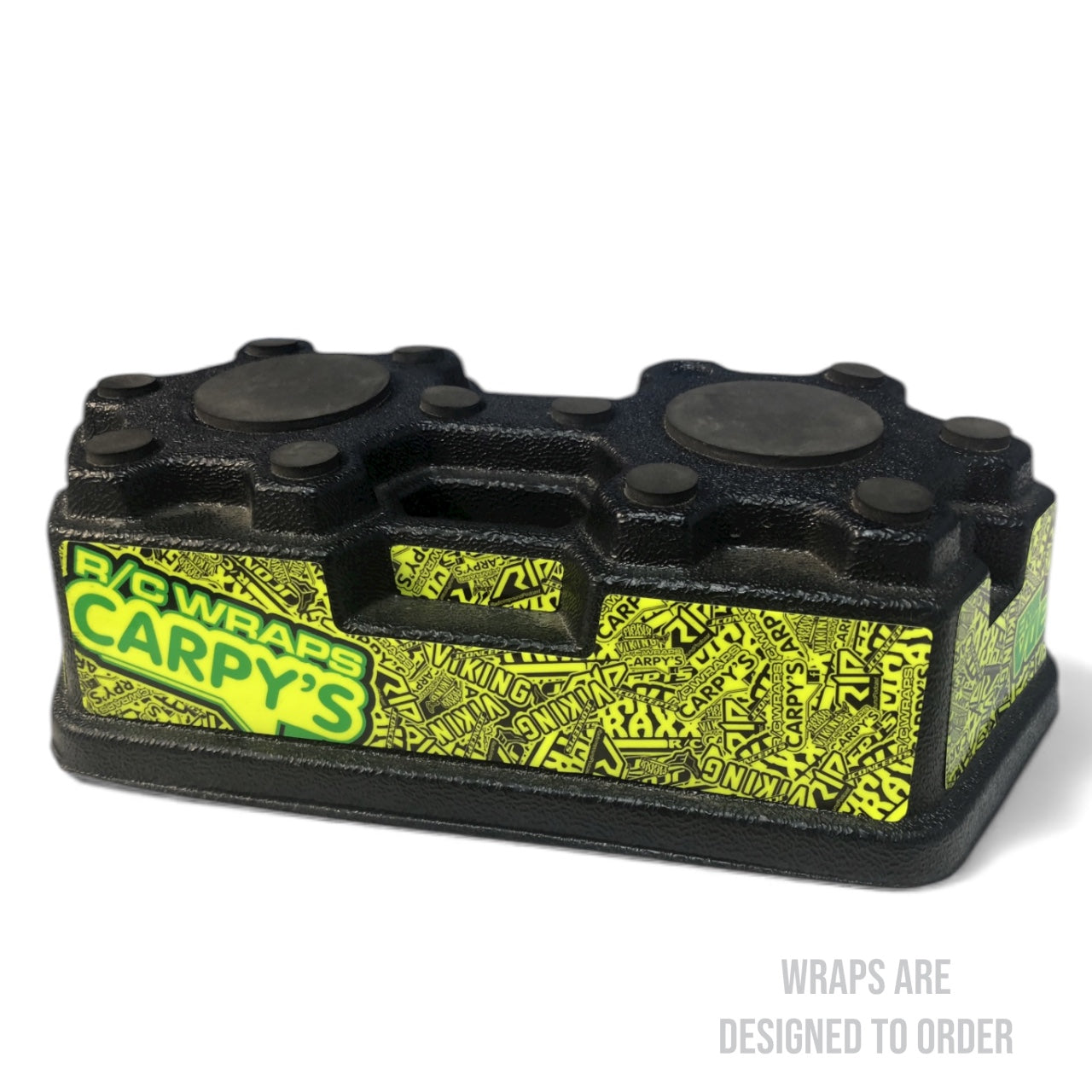 Black and yellow RC Stand with 'Carpy's' branding on a white background