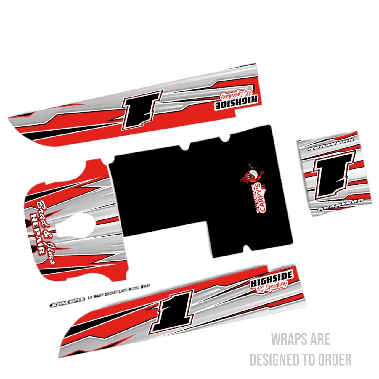RC wrap design with red, black, and white colors on a white background
