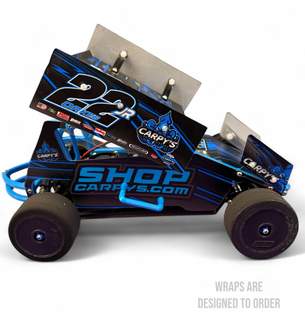 RC car with blue and black design on a white background