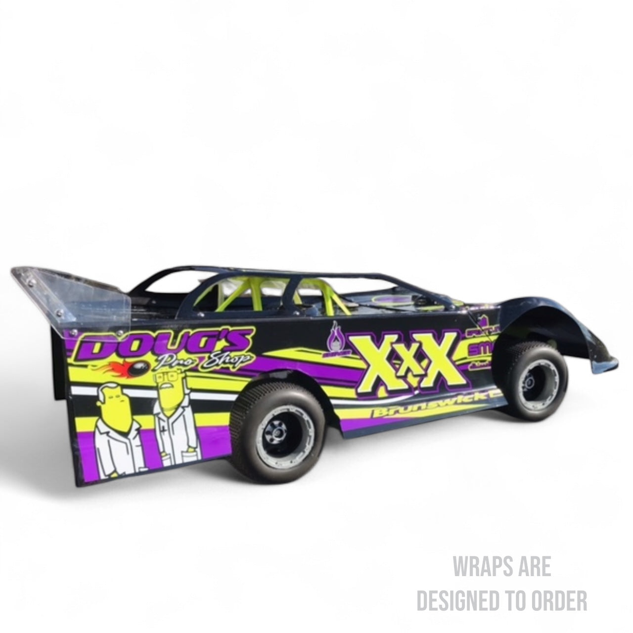 black race car with purple and yellow graphics on a white background