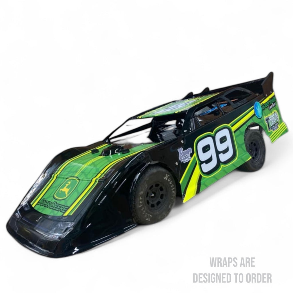 RC race car with green and black design on a white background