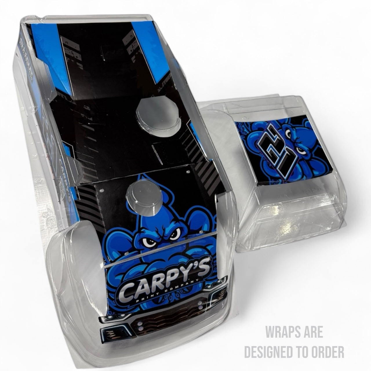 blue and black race car design with carpys branding