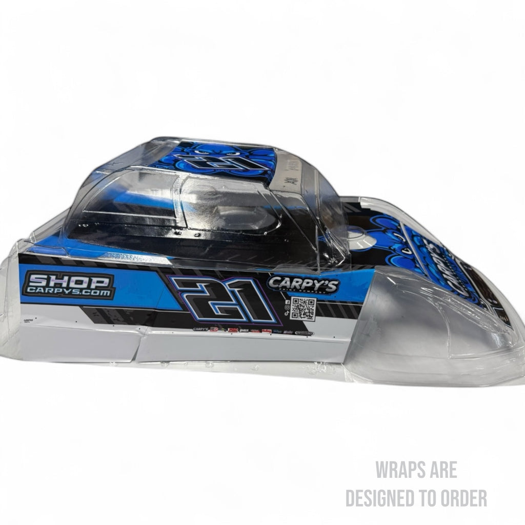 race car body with blue and black wrap