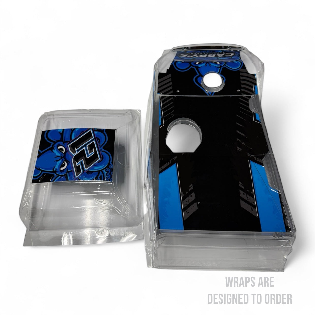race car body with black and blue wrap
