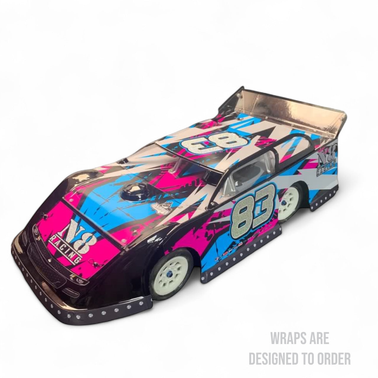 race car with pink and blue graphics