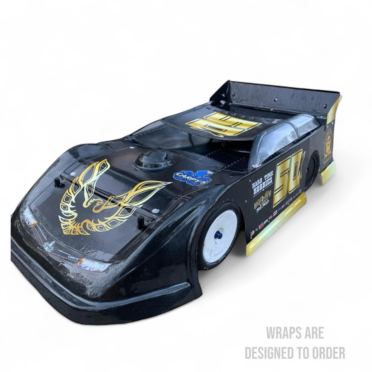 black racecar with gold lettering