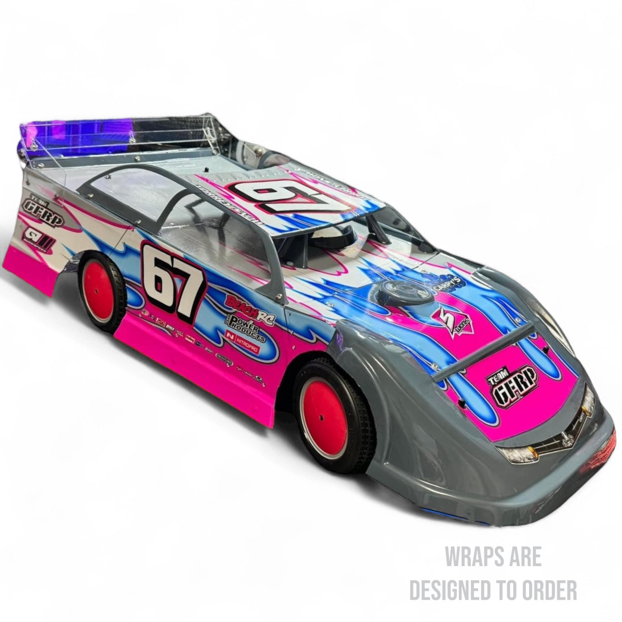 race car with colorful design on a white background