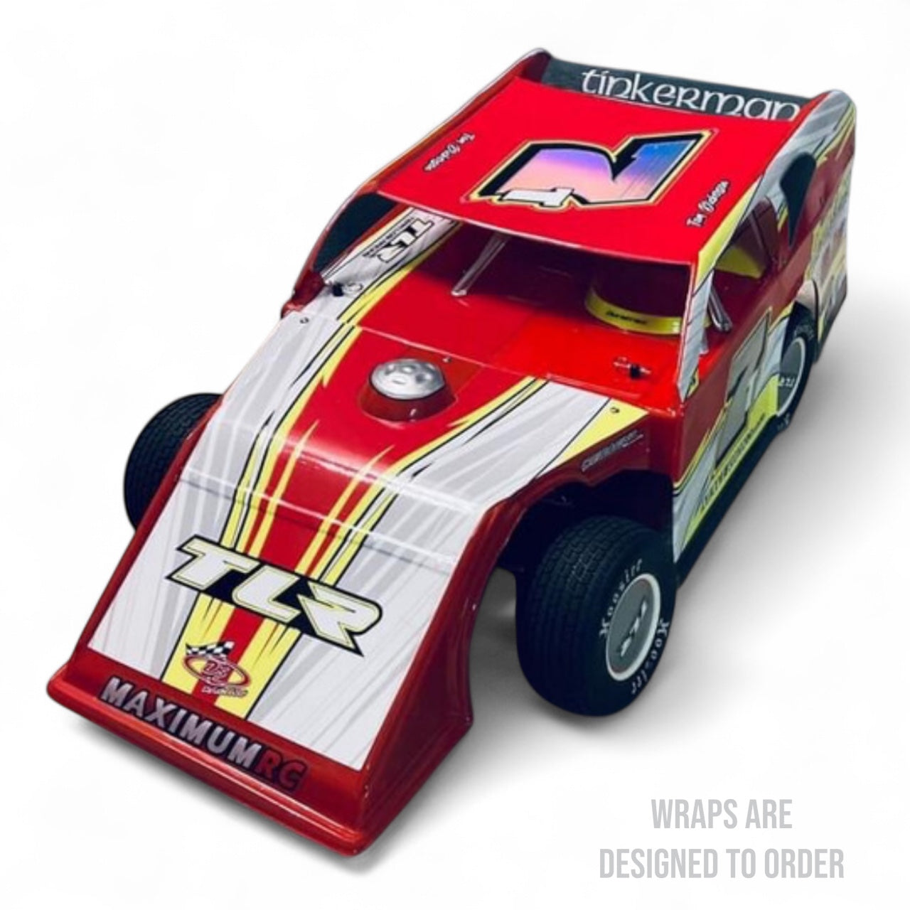 a red and white race car with visible branding on a white background