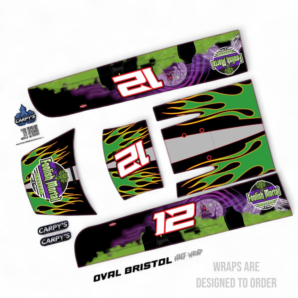 Car wrap design with colorful patterns and numbers on a white background