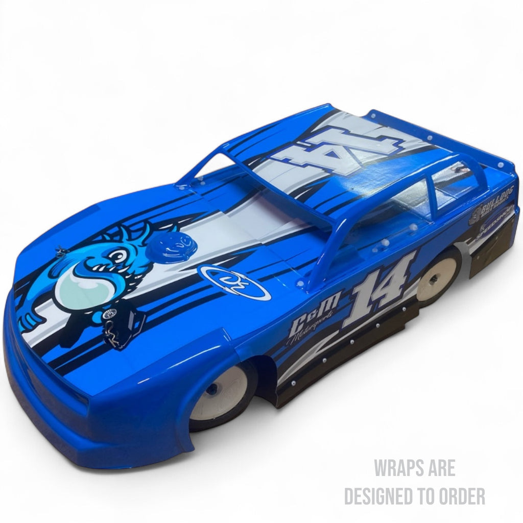 blue and black race car with wrap