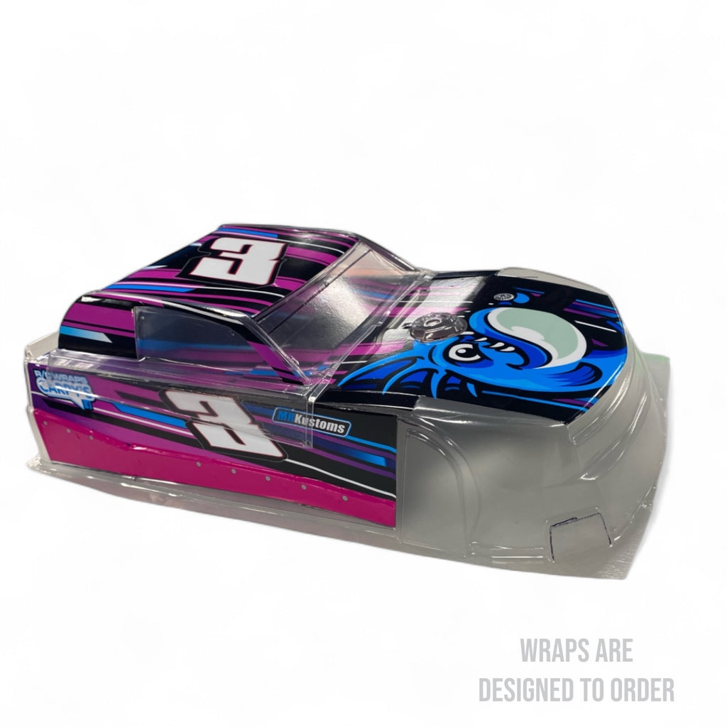 Pink and blue rc car body with number 3