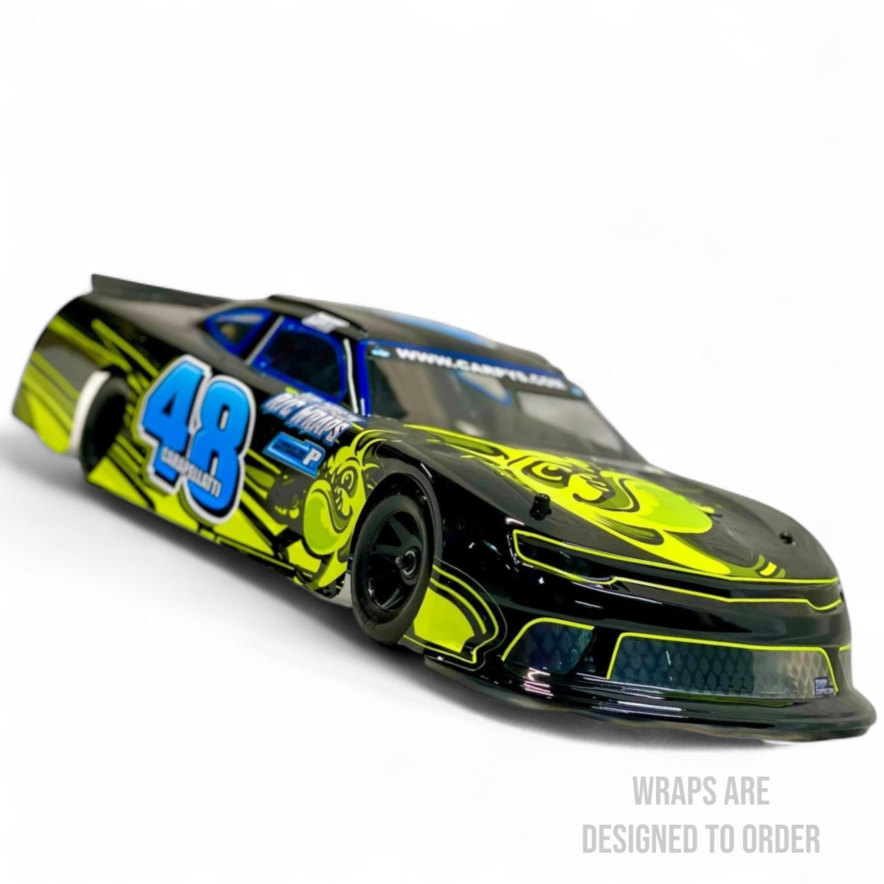 RC car with a vibrant yellow and black design on a white background