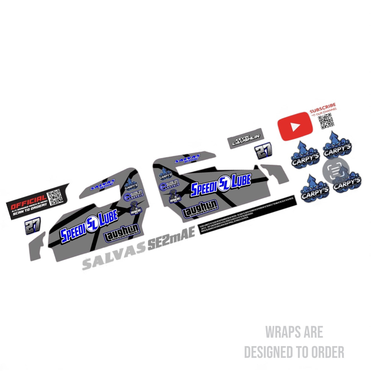 Set of RC decals with various brand logos on a white background