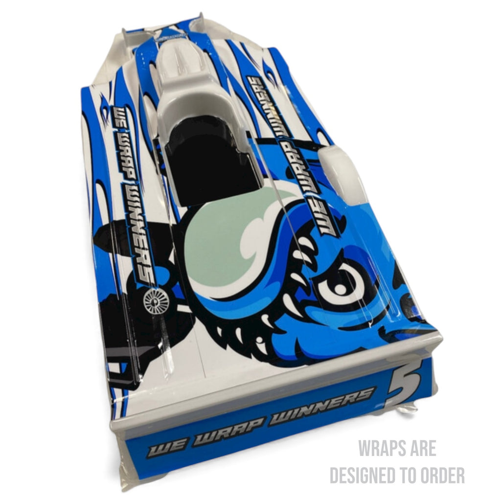 RC Wrap with blue and white design on a white background