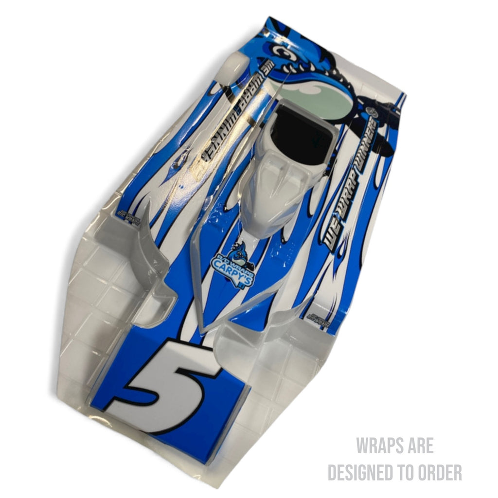 Blue and white racing wrap with number 5 on a white background